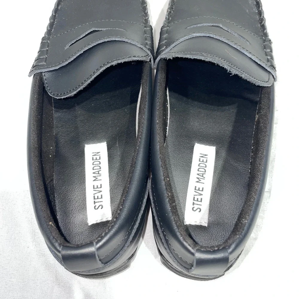 Steve Madden BJARED Boys Black Leather Penny Loafers Size 5 Slip On Dress Shoes